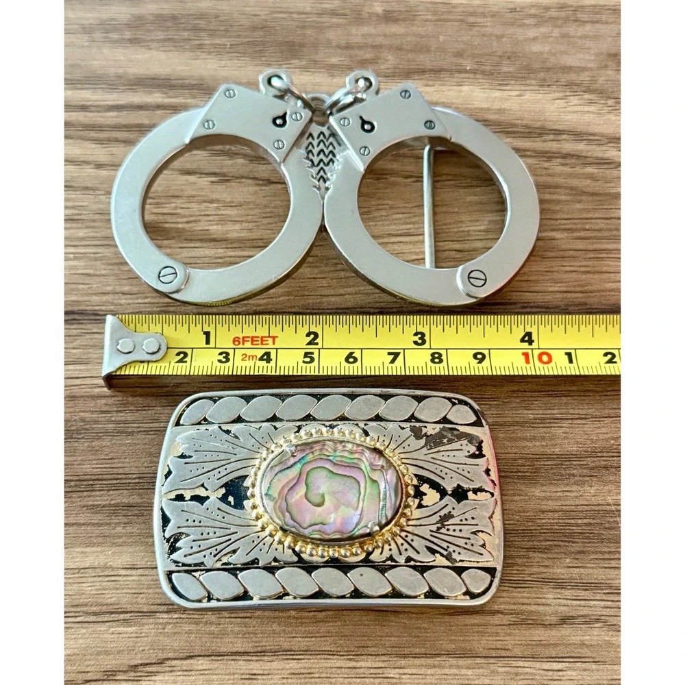 VTG Belt Buckle Lot Handcuffs Police Novelty Abalone Shell Western Silver Tone